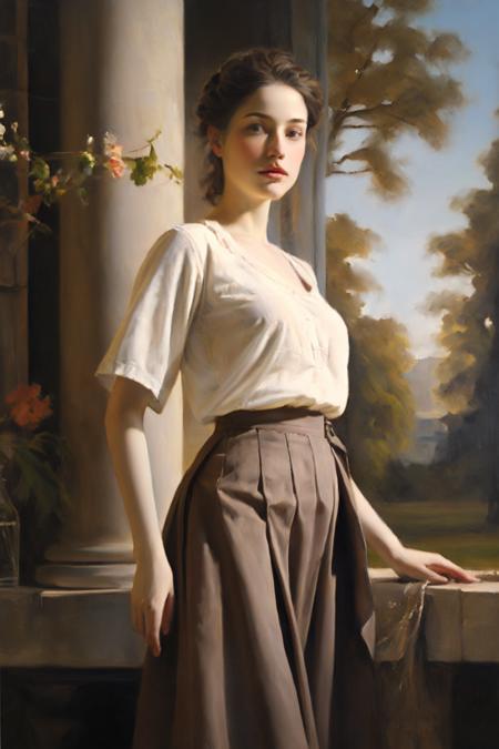 01395-328843186-an oil painting portrait of a young woman by WllBgr, bougeureau, outdoor, brown skirt, white shirt, grey top, trees, standing, f.png